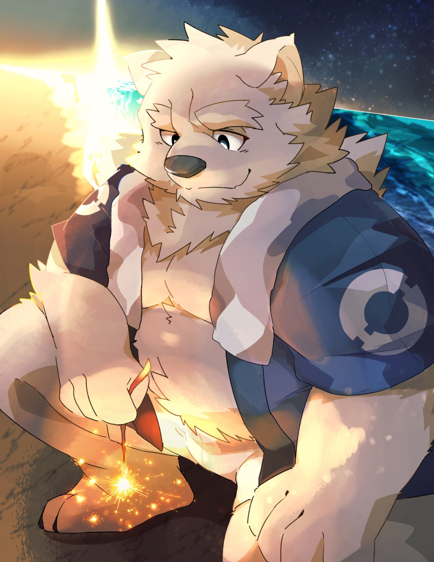 2023 absurd_res anthro bear belly black_nose boar_stag144 bottomwear clothed clothing detailed_background fireworks hi_res humanoid_hands kemono male mammal moobs outside overweight overweight_male shorts solo