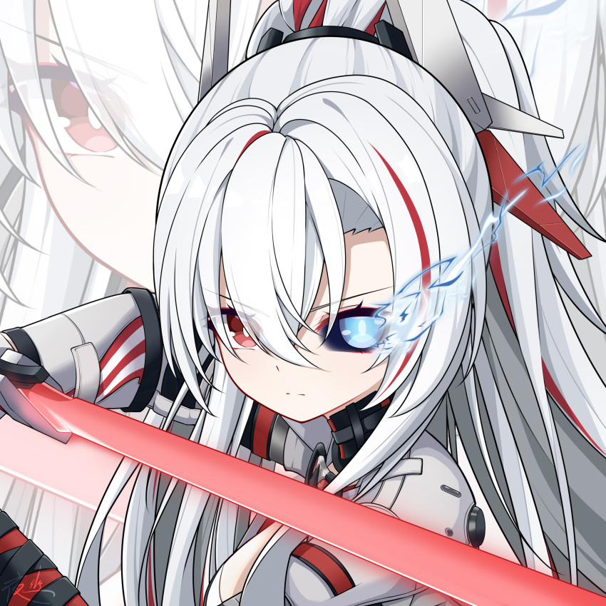 absurdres alpha_(punishing:_gray_raven) bright_pupils closed_mouth commentary_request female flaming_eye hair_between_eyes headgear heterochromia highres holding holding_sword holding_weapon long_hair lucia:_crimson_weave_(punishing:_gray_raven) mechanical_arms multicolored_hair ponytail punishing:_gray_raven red_eyes red_hair sidelocks split_mouth sword v-shaped_eyebrows weapon white_hair white_pupils yeyou_(pwny8774) zoom_layer