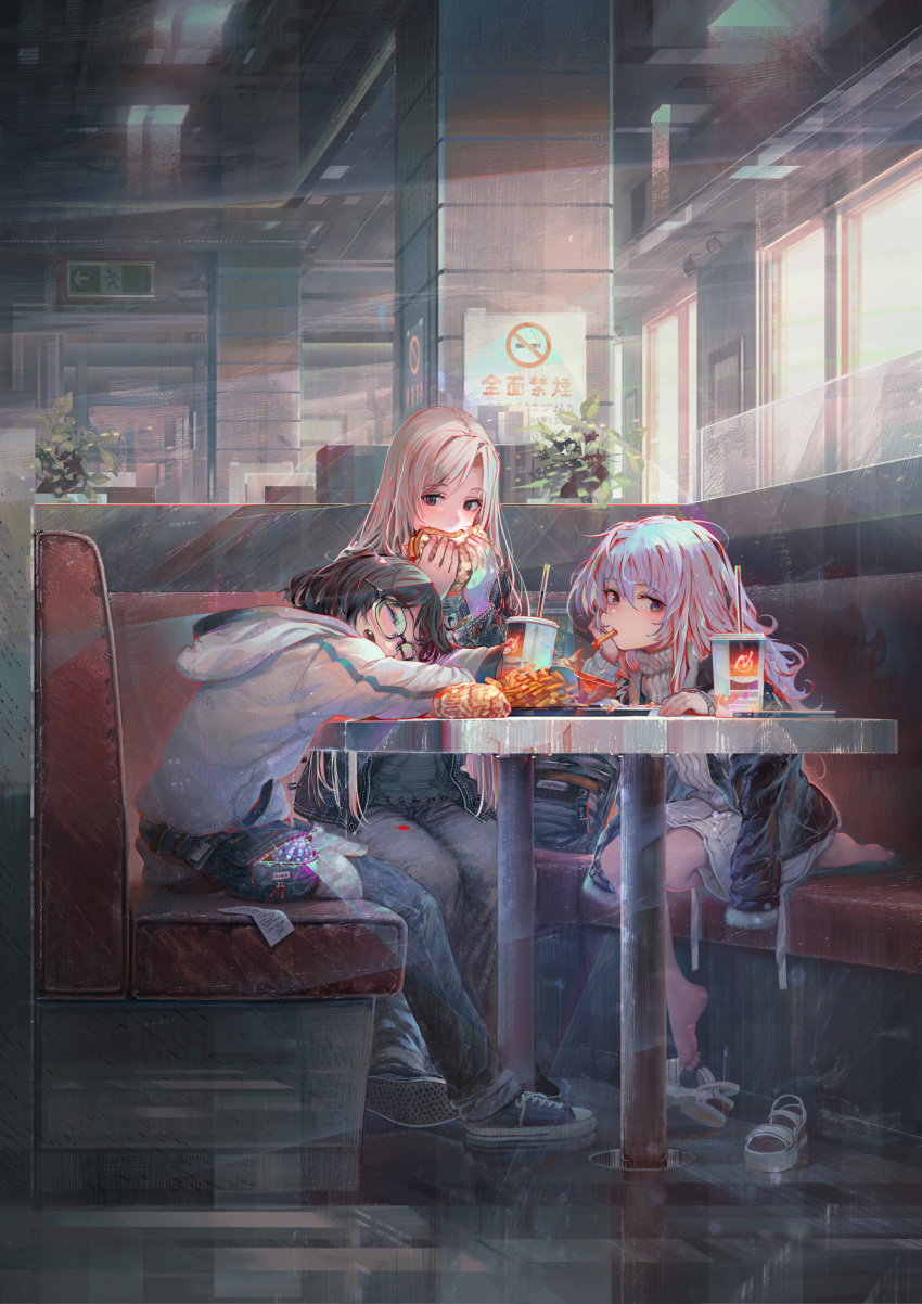 3girls blonde_hair booth_seating brown_hair burger cover cover_image cover_page denim eating extreme_dangling feet food french_fries full_body glasses highres holding holding_food hood hoodie indoors jeans kamikoshi_sorawo kozakura_(urasekai_picnic) multiple_girls nishina_toriko no_smoking novel_cover novel_illustration oerba_yun_fang official_art pants restaurant scenery shirakaba shoe_dangle shoes sleeping sneakers table third-party_source toes transparent_hand urasekai_picnic white_hair