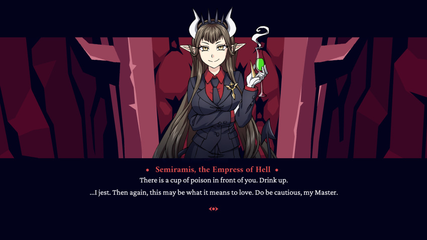 black_hair black_jacket black_necktie black_pants black_suit breast_hold breasts brown_eyes burbur cosplay cup demon_horns demon_tail drinking_glass english_text fate/apocrypha fate/grand_order fate_(series) female formal gloves helltaker highres holding holding_cup horns jacket large_breasts letterboxed long_hair looking_at_viewer lucifer_(helltaker) lucifer_(helltaker)_(cosplay) necktie pants pointy_ears red_shirt semiramis_(fate) shirt smile solo spikes suit tail tiara very_long_hair white_gloves wine_glass