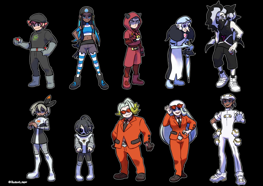 4girls 6+boys aether_foundation_uniform ahoge allister_(pokemon) bea_(pokemon) black_background blonde_hair bow cabbie_hat commentary_request dark-skinned_female dark_skin enzirou1_tiger formal freckles gordie_(pokemon) hairbow hat highres holding holding_poke_ball hood hood_up kabu_(pokemon) long_hair looking_at_viewer mask melony_(pokemon) milo_(pokemon) multicolored_hair multiple_boys multiple_girls necktie nessa_(pokemon) opal_(pokemon) outline pantyhose piers_(pokemon) pink_hair poke_ball poke_ball_(basic) pokemon pokemon_bw pokemon_dppt pokemon_rgby pokemon_rse pokemon_sm pokemon_swsh pokemon_xy pouch raihan_(pokemon) red_legwear ribbed_legwear short_sleeves simple_background suit team_aqua_uniform team_flare_uniform team_galactic_uniform team_magma_uniform team_plasma_uniform team_rocket team_rocket_uniform team_skull_uniform two-tone_hair ultra_ball umbrella white_headwear white_outline