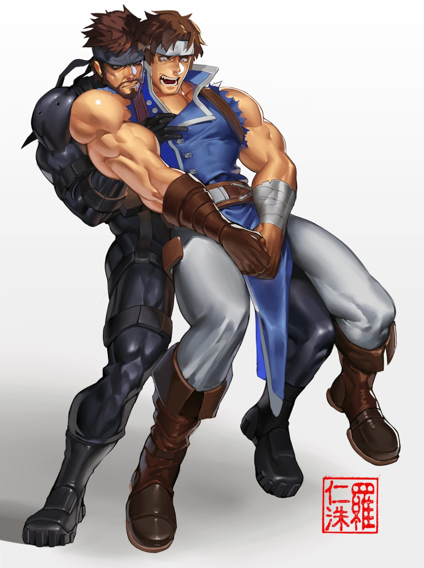 2boys bandages bara bare_shoulders black_bodysuit blue_eyes bodysuit brown_hair castlevania chains covering covering_crotch crossover face full_body gloves grabbing groping headband high_collar highres leg_between_thighs male_focus metal_gear_(series) multiple_boys muscle na_insoo pectoral_grab pelvic_curtain richter_belmont shoes single_glove sleeveless solid_snake thick_thighs thighs tight yaoi yellow_eyes