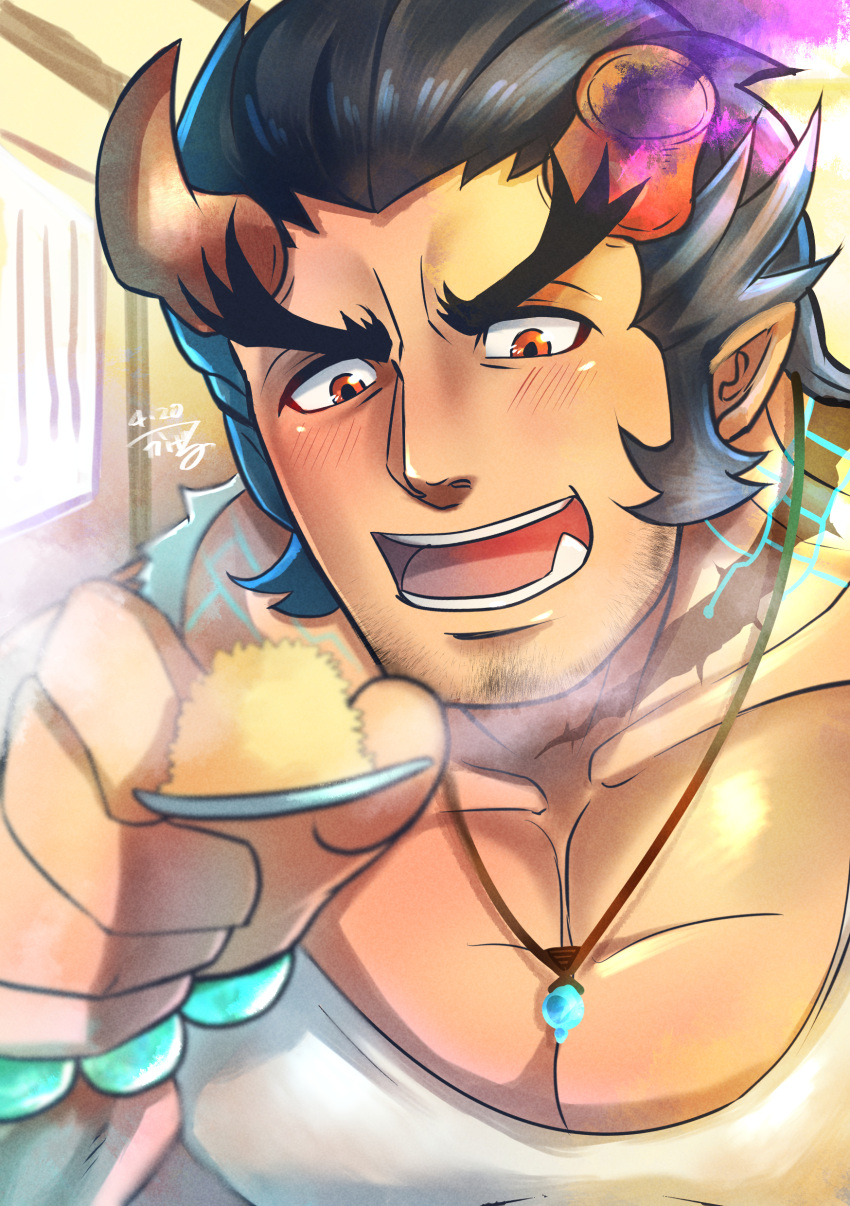 1boy absurdres bara beard blue_hair blush broken_horn covered_nipples dark_blue_hair demon_boy demon_horns facial_hair fiery_horns highres horns jewelry kageru_(mofnyan) large_pectorals long_sideburns male_focus mature_male muscular muscular_male necklace oerba_yun_fang pectoral_cleavage pectorals shirt short_hair sideburns solo steam stubble takemaru_(housamo) thick_eyebrows tokyo_afterschool_summoners torn_clothes torn_shirt upper_body white_shirt