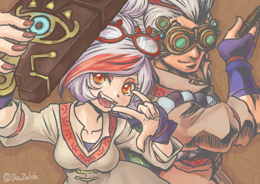 1boy commentary_request female fingerless_gloves glasses gloves goggles highres hyrule_warriors:_age_of_calamity mimasato pose purah red-framed_eyewear red_eyes robbie_(zelda) round_eyewear selfie sheikah sheikah_slate the_legend_of_zelda the_legend_of_zelda:_breath_of_the_wild white_hair