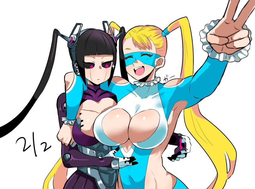 2girls alternate_hair_length alternate_hairstyle arm_around_neck black_hair black_sclera breast_envy breasts cleavage cleavage_cutout clothing_cutout colored_sclera commentary_request covered_navel dated eye_(mememem) highres joints juri_han large_breasts long_hair mechanization medium_breasts multiple_girls official_alternate_costume pink_eyes rainbow_mika robot_ears robot_joints street_fighter street_fighter_v twintails v very_long_hair