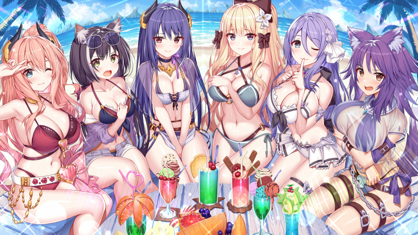 6+girls akusema animal_ear_fluff animal_ears arm_up bad_id bad_pixiv_id bare_shoulders beach belt between_legs bikini bikini_under_clothes black_bikini black_bow black_ribbon blonde_hair blush bow breasts brown_belt brown_eyes brown_legwear cat_ears cat_girl chains cherry choker closed_mouth collarbone criss-cross_halter crossed_arms cup day deep_skin demon_girl demon_horns drinking_straw eyewear_on_head finger_to_mouth fisheye flower food foreshortening fruit glint grapes green_eyes hair_between_eyes hair_flower hair_ornament hair_ribbon hair_up hairbow halterneck hand_between_legs hand_up heart highres horizon horns ice_cream index_finger_raised jewelry karyl_(princess_connect!) karyl_(summer)_(princess_connect!) large_breasts layered_bikini long_hair looking_at_viewer low_twintails makoto_(princess_connect!) makoto_(summer)_(princess_connect!) melting multicolored_hair multiple_girls navel necklace o-ring o-ring_bikini ocean oerba_yun_fang official_alternate_costume one_eye_closed open_mouth outdoors palm_tree pink_hair pink_ribbon ponytail princess_connect! purple_bikini purple_hair raised_eyebrows red_bikini rei_(princess_connect!) rei_(summer)_(princess_connect!) ribbon saren_(princess_connect!) saren_(summer)_(princess_connect!) see-through shiny_skin shizuru_(princess_connect!) short_shorts shorts sitting skin_fang skindentation sparkle star_(symbol) streaked_hair sunglasses suzuna_(princess_connect!) suzuna_(summer)_(princess_connect!) swimsuit tail tail_raised thigh_gap thigh_strap thighs tree twintails two-tone_bikini v_arms water white_bikini white_flower white_ribbon white_shorts wolf_ears wolf_girl