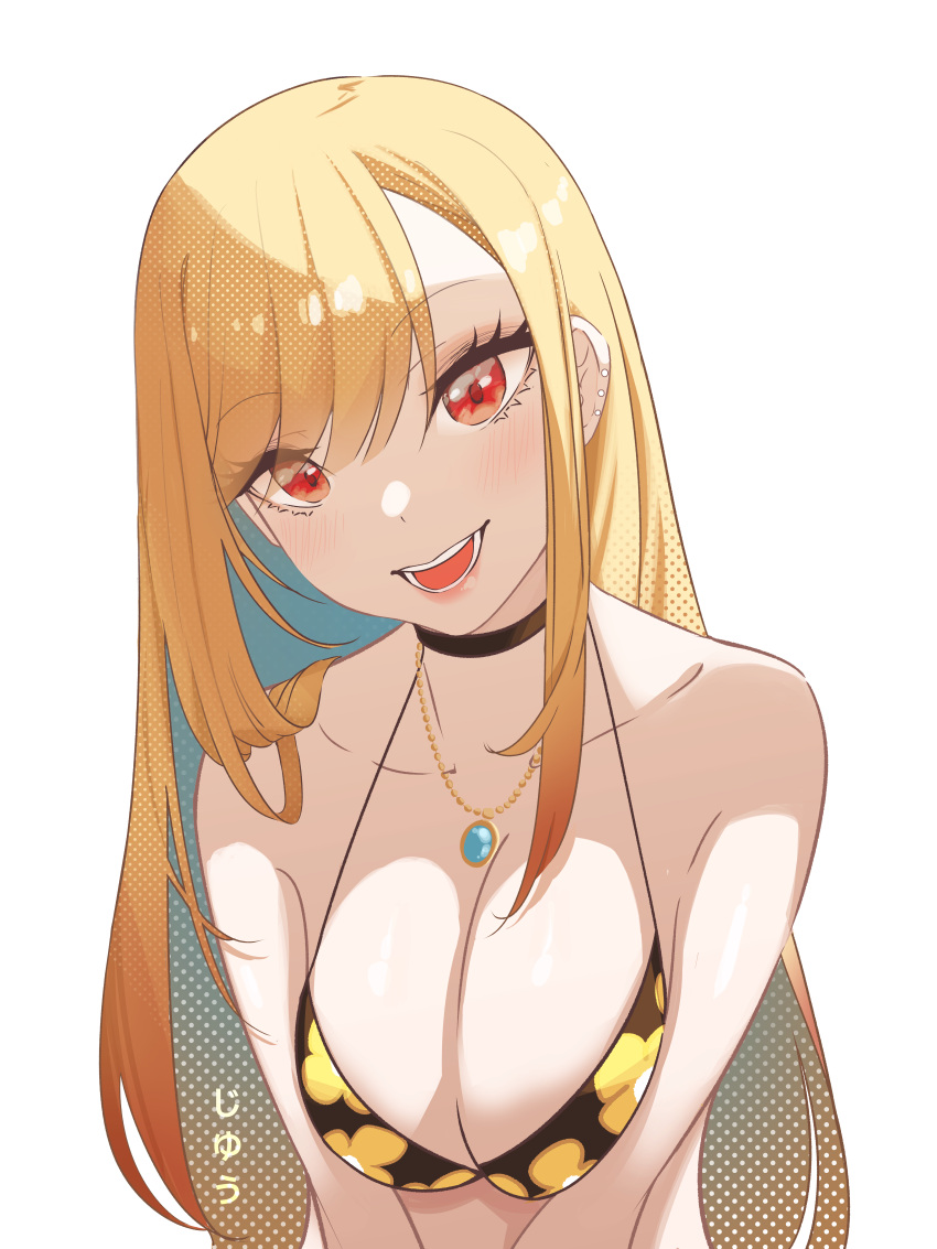 absurdres artist_name bikini black_bikini black_choker blonde_hair blush breasts breasts_squeezed_together choker cleavage collarbone commentary earrings english_commentary female floral_print highres jewelry jhaysie kitagawa_marin large_breasts long_hair multiple_earrings necklace open_mouth parted_bangs print_bikini red_eyes shiny_skin simple_background smile solo sono_bisque_doll_wa_koi_wo_suru stud_earrings swimsuit upper_body very_long_hair white_background