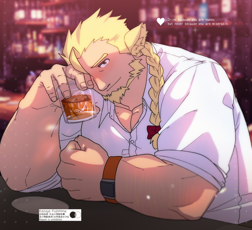 3pdta alcohol animal_humanoid beard beverage blonde_hair braided_hair braided_ponytail drunk english_text facial_hair hair hi_res huckle humanoid lifewonders live_a_hero looking_at_viewer male pecs ponytail ribbons solo substance_intoxication text