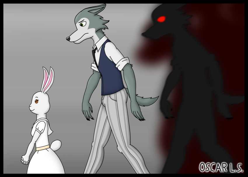 absurd_res anthro beastars black_border border bottomwear canid canine canis clothed clothing female fur grey_body grey_fur haru_(beastars) hi_res lagomorph legoshi_(beastars) leporid male mammal marothedarkrabbit_(artist) pants rabbit wolf