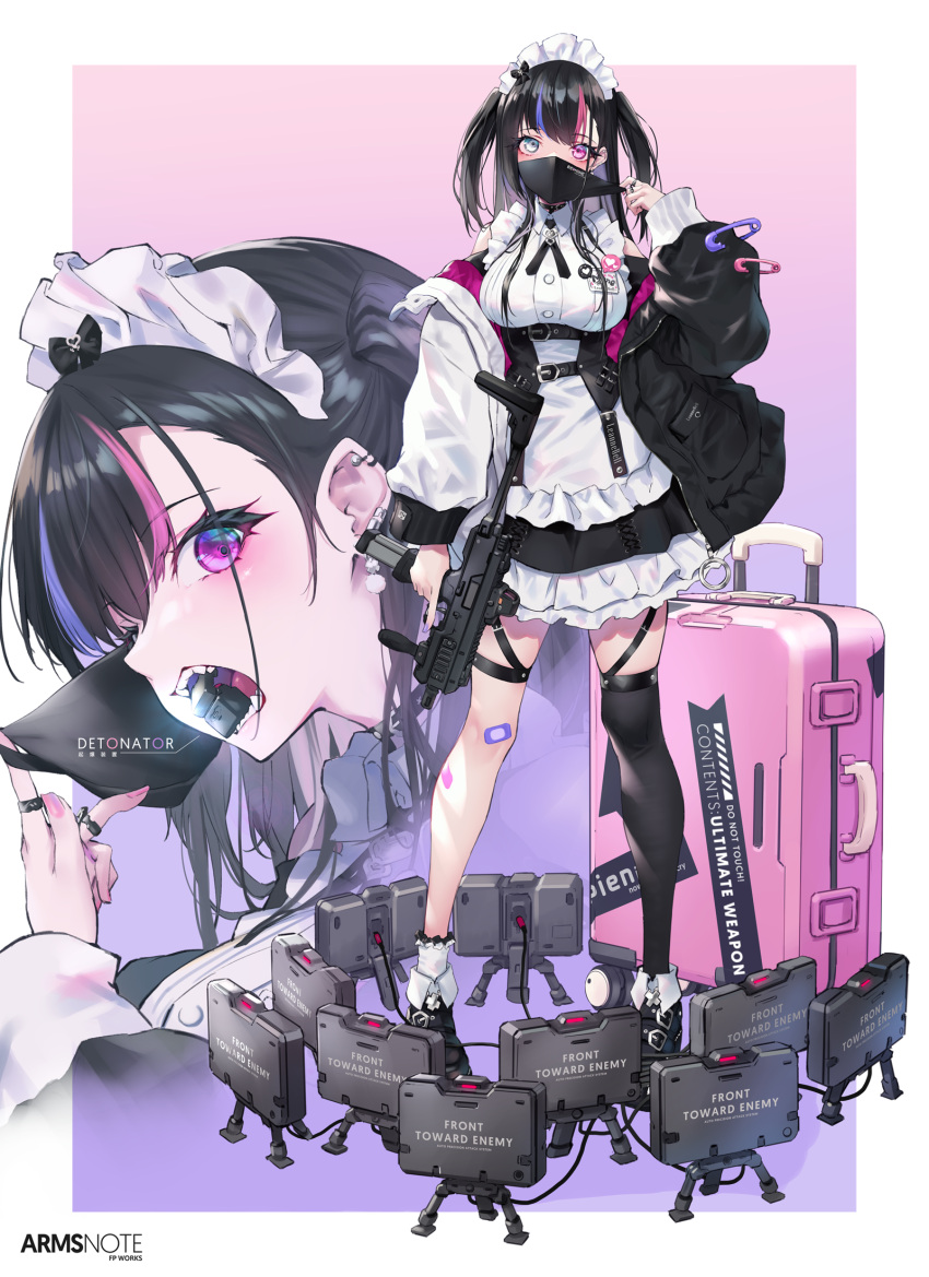 arms_note bandaid bandaid_on_knee bandaid_on_leg black_hair breasts cable claymore_(mine) commentary_request copyright_name dress earrings english_text explosive female frilled_dress frills fukai_ryosuke full_body grey_eyes gun heterochromia highres holding holding_weapon jacket jewelry jirai_kei looking_at_viewer maid_headdress mask mask_pull medium_breasts mine_(weapon) mine_laying_maid mouth_hold mouth_mask multicolored_hair name_tag off_shoulder purple_eyes ribbon safety_pin sharp_teeth single_thighhigh standing submachine_gun suitcase teeth thigh_strap thighhighs two_side_up underbust weapon