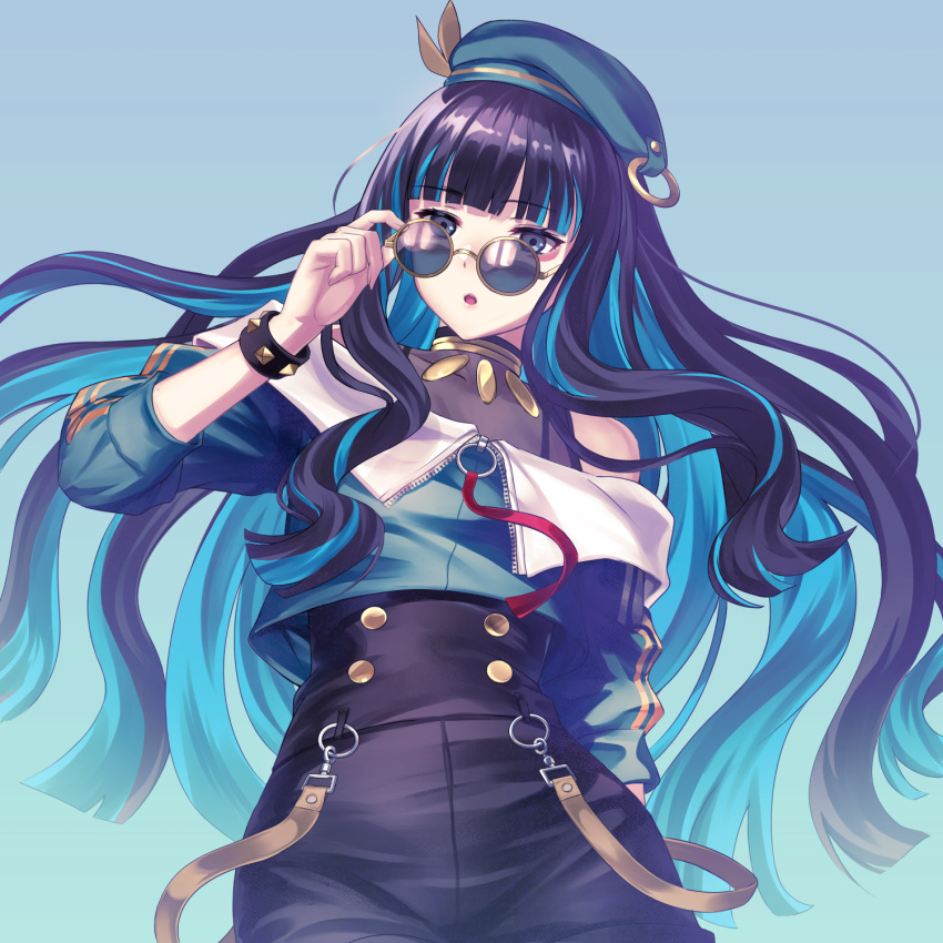 :o adjusting_eyewear beret black_eyes black_hair blue-tinted_eyewear blue_hair blue_hat bracelet colored_inner_hair commentary_request fate/grand_order fate_(series) female floating_hair gyoza_(pi512126) hat highres jewelry long_hair looking_at_viewer looking_over_eyewear multicolored_hair off_shoulder partial_commentary simple_background solo spiked_bracelet spikes straight_hair streaked_hair sunglasses tenochtitlan_(fate) tenochtitlan_(second_ascension)_(fate) tinted_eyewear two-tone_hair