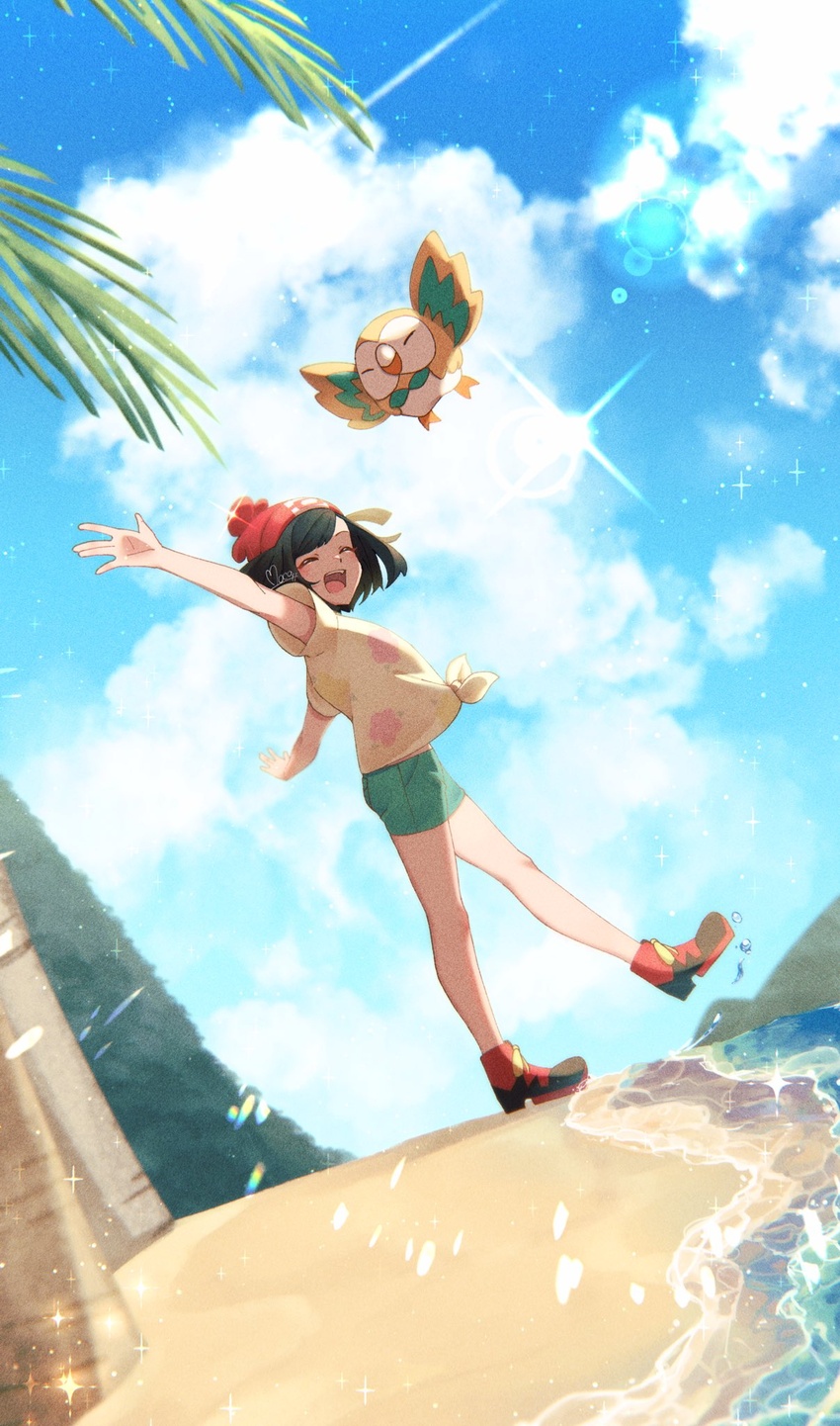 alt_text arm_up beanie black_hair boots closed_eyes cloud commentary_request day female from_side green_shorts hat highres leg_up mocacoffee_1001 open_mouth outdoors palm_tree pokemon pokemon_(creature) pokemon_sm red_headwear rowlet sand selene_(pokemon) shirt shore short_hair short_shorts short_sleeves shorts sky sparkle standing standing_on_one_leg teeth tied_shirt tongue tree upper_teeth_only water yellow_shirt