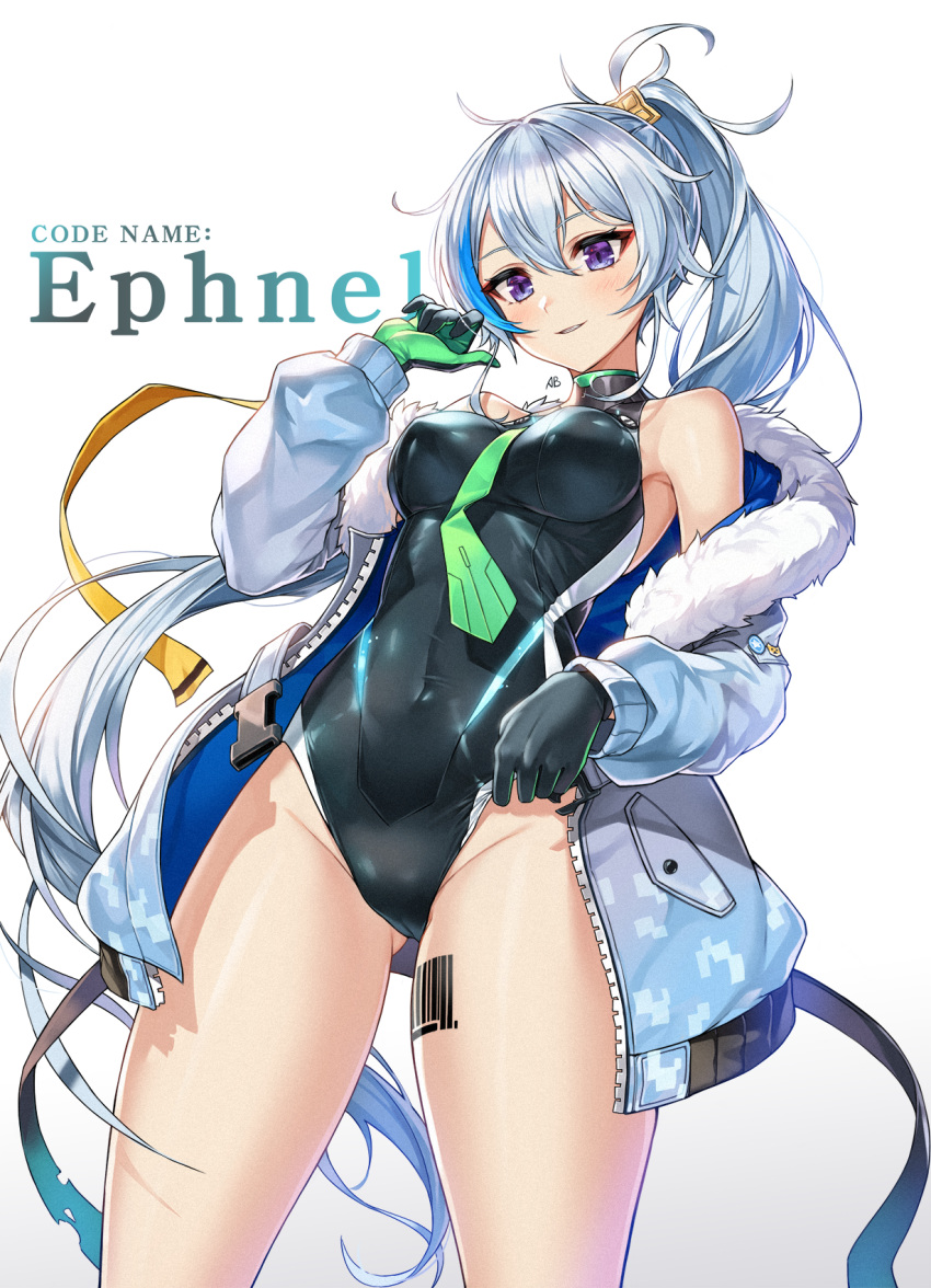 aliceblue arm_up armpits artist_name ass_visible_through_thighs bad_id bad_pixiv_id barcode barcode_tattoo black_gloves black_leotard blue_hair blush breasts buckle character_name commentary_request covered_navel covered_nipples cowboy_shot ephnel female fur-trimmed_jacket fur_trim gloves gradient_jacket green_gloves green_neckwear groin high_ponytail highleg highleg_leotard highres jacket leg_tattoo leotard leotard_tug long_hair long_sleeves looking_at_viewer medium_breasts multicolored_hair off_shoulder open_clothes open_jacket ponytail purple_eyes smile snap-fit_buckle solo soulworker standing streaked_hair tattoo two-tone_gloves very_long_hair white_background