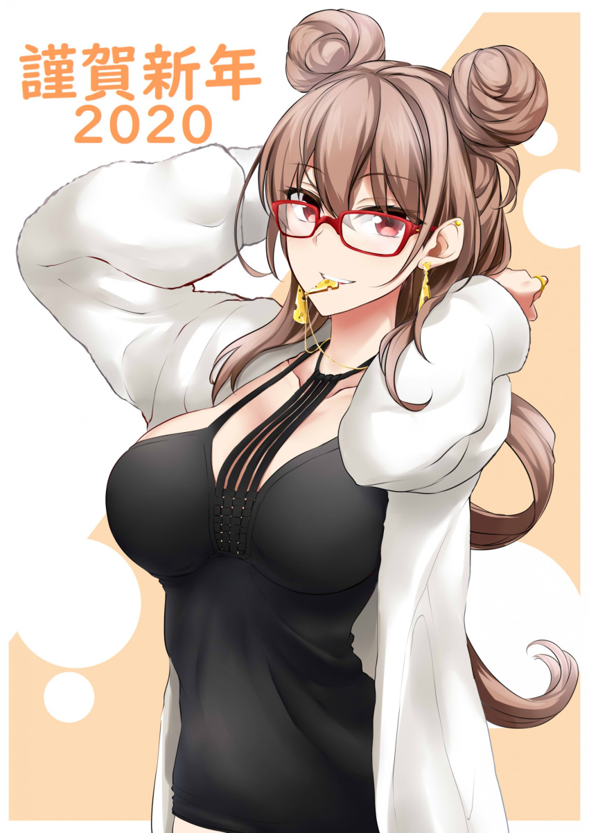 absurdres arms_up black_dress breasts cheese_earrings cleavage coat collarbone double_bun dress earrings female glasses hair_bun happy_new_year highres jewelry large_breasts lindoh_flores long_hair long_sleeves looking_at_viewer mouth_hold necklace new_year open_clothes open_coat orange_background original red-eyes_macadamiachoco red-framed_eyewear red_eyes solo teeth two-tone_background upper_teeth_only white_coat