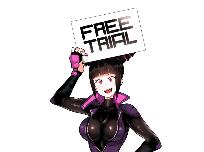 absurdres black_hair blunt_bangs bodysuit breasts commentary_request english_text eye_(mememem) female fingerless_gloves gloves hair_horns highres holding holding_sign impossible_bodysuit impossible_clothes juri_han large_breasts open_mouth pink_eyes pink_nails sign smile solo street_fighter street_fighter_v turtleneck upper_body