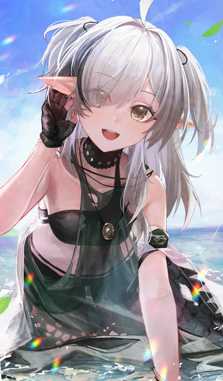 :d absurdres arknights bare_shoulders bikini black_bikini black_choker black_gloves black_hair brown_eyes choker crocodilian_tail day eyes_visible_through_hair female gloves grey_hair hair_over_one_eye highres leaning_forward lens_flare long_hair looking_at_viewer monge_baby multicolored_hair ocean official_alternate_costume open_mouth outdoors partially_fingerless_gloves pointy_ears see-through smile solo streaked_hair swimsuit tail tomimi_(arknights) two-tone_hair two_side_up water