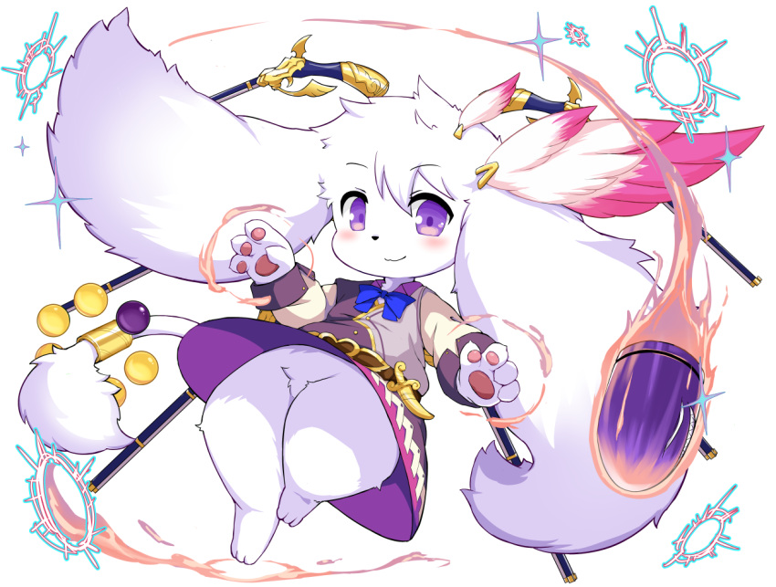 :3 animal_nose blue_bow blush body_fur bow bullet commentary female freikugel_(fullbokko_heroes) fullbokko_heroes furry furry_female long_sleeves looking_at_viewer pawpads purple_eyes simple_background solo takeshi-kemo white_background white_fur