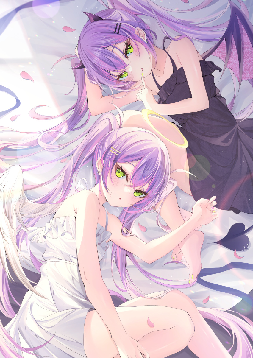 2girls :q absurdres alternate_costume angel angel_and_devil angel_wings bare_arms bare_shoulders barefoot bed_sheet black_dress blush closed_mouth commentary demon_girl demon_horns demon_tail demon_wings dress dual_persona ear_piercing feet feet_out_of_frame finger_to_mouth green_eyes hair_ornament hairclip halo highres hololive horns legs long_hair looking_at_viewer lying multicolored_hair multicolored_nails multiple_girls nail_polish on_side parted_lips petals piercing pink_hair pink_nails purple_hair ririge soles streaked_hair tail tail_ornament tail_piercing toe_scrunch toenail_polish toenails toes tokoyami_towa tongue tongue_out twintails very_long_hair virtual_youtuber white_dress white_wings wings yellow_nails