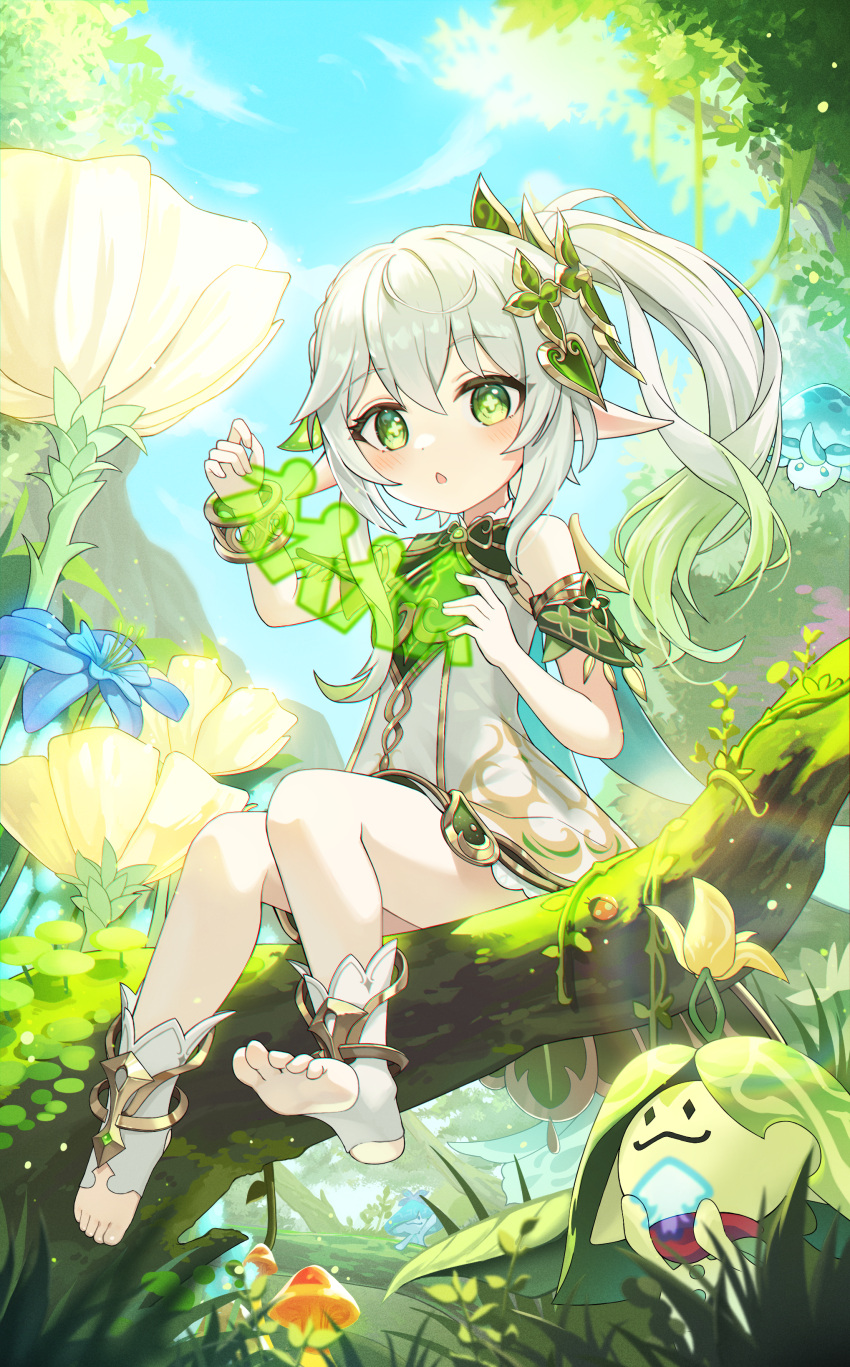 absurdres arama_(genshin_impact) aranara_(genshin_impact) ararycan_(genshin_impact) blush bracelet branch bug cape cross-shaped_pupils day detached_sleeves dress feet female flower full_body fungi_(genshin_impact) genshin_impact gold_trim gradient_hair green_eyes green_hair green_sleeves hair_ornament highres jewelry ladybug leaf_hair_ornament legs long_hair mearyo moss multicolored_hair mushroom nahida_(genshin_impact) no_shoes open_mouth outdoors pointy_ears side_ponytail sidelocks sitting sleeveless sleeveless_dress soles solo stirrup_footwear symbol-shaped_pupils toeless_footwear toes white_dress white_footwear white_hair