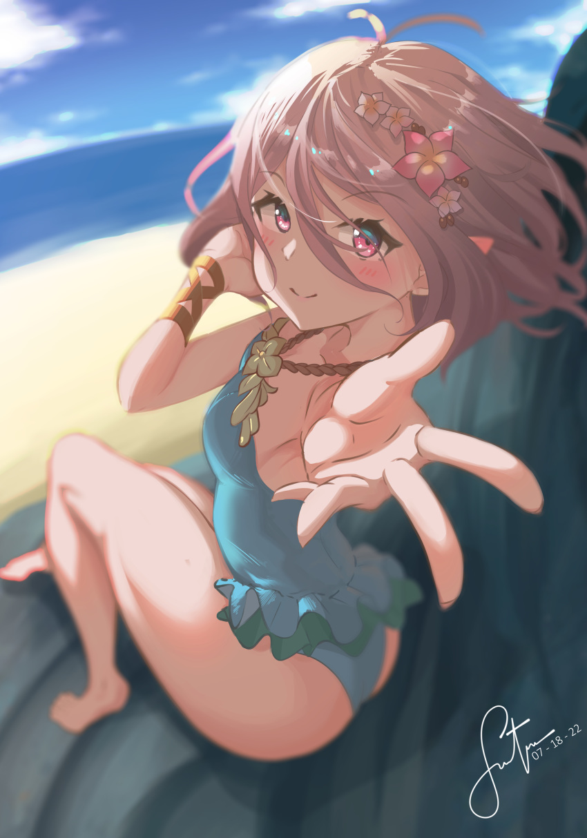 absurdres antenna_hair aqua_one-piece_swimsuit ass beach blue_sky blurry blush bracelet closed_mouth cloud collarbone dated day elf female flower foreshortening frilled_one-piece_swimsuit frills from_behind hair_between_eyes hair_flower hair_ornament hand_on_own_cheek hand_on_own_face highres horizon jewelry jhaysie kokkoro_(princess_connect!) kokkoro_(summer)_(princess_connect!) light_purple_hair looking_at_viewer ocean one-piece_swimsuit outdoors pointy_ears princess_connect! purple_eyes reaching reaching_towards_viewer short_hair sidelocks signature sitting sky smile solo split_mouth swimsuit thighhighs water