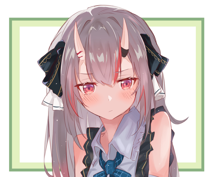 :/ absurdres alternate_costume bad_id bad_pixiv_id black_bow blush border bow female gradient_hair green_border grey_hair hair_ribbon hairbow highres hololive horns long_hair looking_to_the_side multicolored_hair nakiri_ayame nakiri_ayame_(girly) nono_i831 official_alternate_costume oni plaid plaid_bow red_eyes red_hair ribbon shirt simple_background skin-covered_horns solo streaked_hair upper_body virtual_youtuber white_background white_bow white_shirt