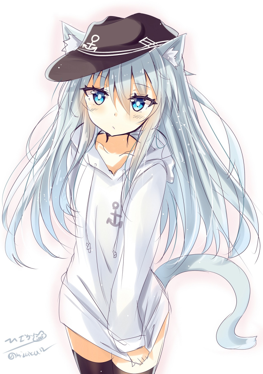 alternate_costume anchor_symbol animal_ears black_thighhighs blue_eyes blush cat_ears cat_tail female flat_cap grey_hair hair_between_eyes hair_ornament hat hibiki_(kancolle) highres hizaka hood hoodie hoodie_tug kantai_collection kemonomimi_mode long_hair long_sleeves looking_at_viewer one-hour_drawing_challenge simple_background solo tail thighhighs twitter_username white_background white_hoodie