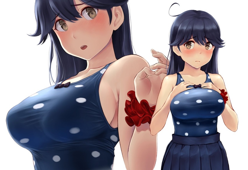 ahoge black_hair blush bow breasts brown_eyes female kantai_collection long_hair looking_at_viewer one-piece_swimsuit open_mouth polka_dot polka_dot_swimsuit scrunchie simple_background skirt solo standing swimsuit ushio_(kancolle) ushio_(swimsuit_mode)_(kancolle) wa_(genryusui) white_background wrist_scrunchie