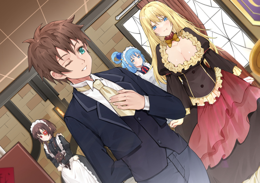 1boy 3girls absurdres ai-nohikari aqua_(konosuba) arms_at_sides blonde_hair blue_eyes blue_hair blush bow bowtie breasts brown_hair butler cleavage closed_mouth collarbone commentary darkness_(konosuba) detached_collar dress dutch_angle expressionless eyepatch frilled_dress frills green_eyes grin hair_rings hand_on_own_chest highres indoors kono_subarashii_sekai_ni_shukufuku_wo! large_breasts long_dress long_hair looking_at_another looking_at_viewer maid megumin multiple_girls necktie official_alternate_costume one_eye_closed pout red_eyes satou_kazuma single_hair_ring smile tuxedo