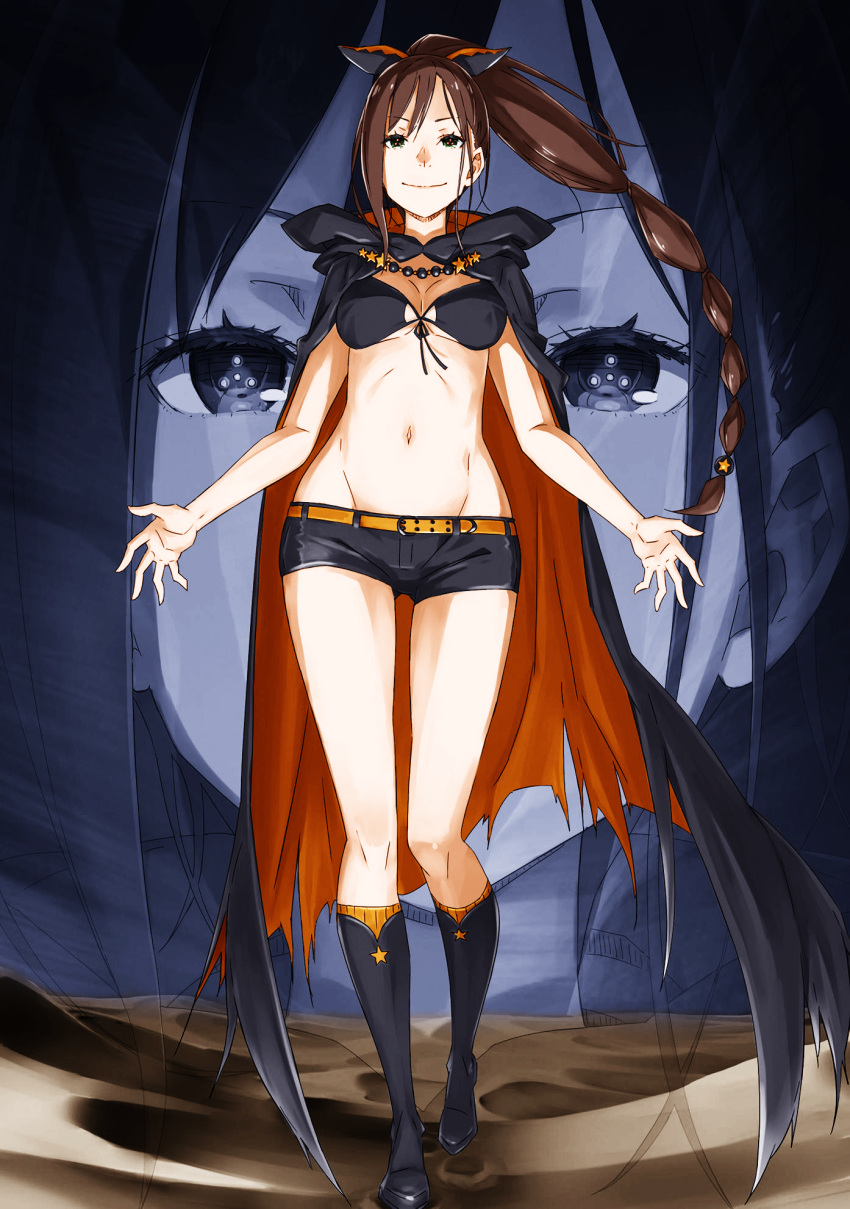 bad_id bad_pixiv_id belt bikini bikini_top_only black_hair boots breasts cape capelet cloak colorized ddukae female hair_ornament highres long_hair multi-tied_hair navel ootsuka_shin'ichirou orange_belt orange_cape re:zero_kara_hajimeru_isekai_seikatsu shaula_(re:zero) short_shorts shorts socks solo swimsuit third-party_edit two-tone_cape