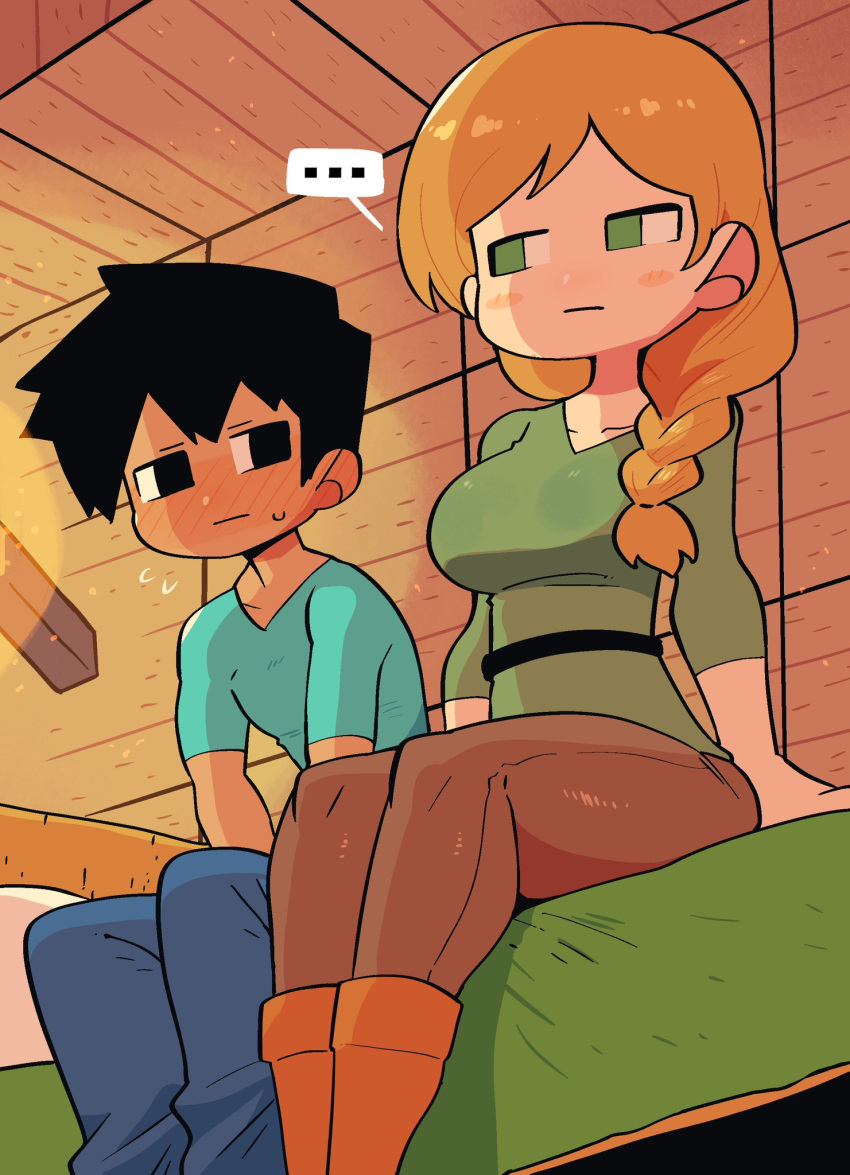 1boy 1boy1girl 1girls alex_(minecraft) before_sex black_eyes black_hair breasts clothed crap-man duo duo_focus female fully_clothed green_eyes imminent_sex looking_at_another male minecraft mob_face orange_hair steve_(minecraft)