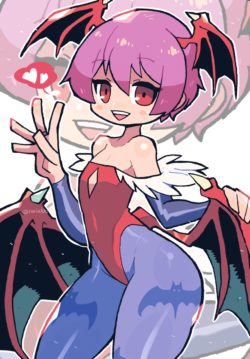 1girls bat_print blue_pantyhose capcom clothing crap-man darkstalkers demon_wings female female_only flat_chest head_wings heart leotard light_blush lilith_aensland looking_at_viewer medium_hair pantyhose pink_hair red_eyes small_breasts smiling smiling_at_viewer solo succubus thick_thighs very_high_resolution wings