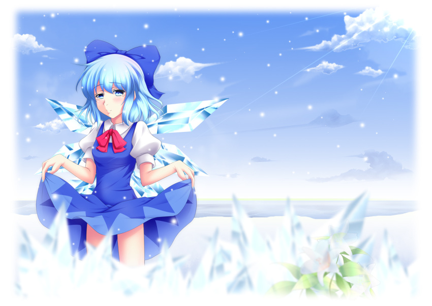 bad_id bad_pixiv_id blue_eyes blue_hair bow cirno clothes_lift dress dress_lift female hairbow mikoshiba_murasaki photoshop_(medium) short_hair solo touhou wings