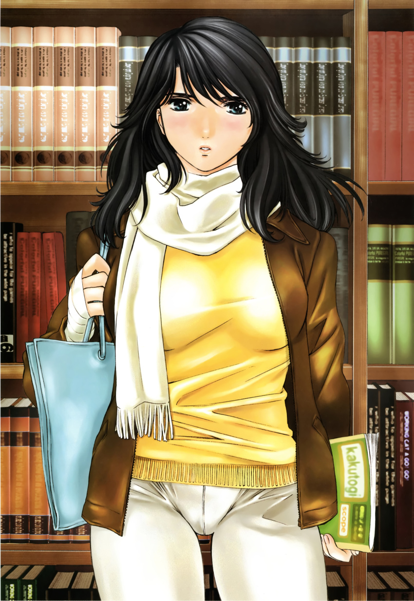 absurdres bag bandages black_hair blue_eyes blush bookshelf female highres jacket kobayashi_hiyoko library long_hair non-web_source official_art peridot_(manga) photoshop_(medium) scarf solo suruga_mahiru sweater