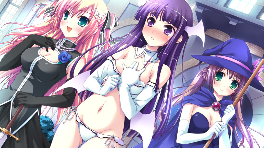 3girls blush breasts cape cleavage cleavage_cutout clothing_cutout cosplay elbow_gloves flower game_cg gloves hat hexagram highres iro_ni_ide_ni_keri_waga_koi_wa ko~cha medium_breasts multiple_girls narumi_yuu_(bunbukudou) navel panties side-tie_panties suzueda_komachi sword tenjou_kikyou tenjou_rio underwear weapon white_panties witch witch_hat