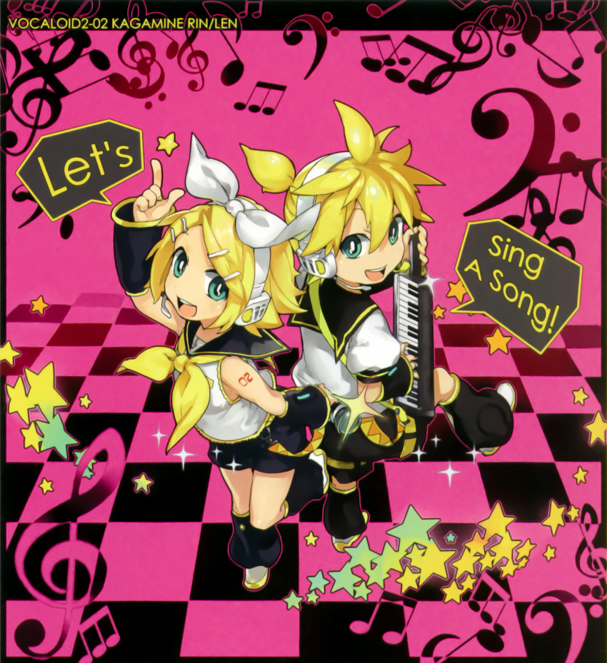 1boy aqua_eyes bare_shoulders blonde_hair brother_and_sister chibi female hair_ornament hair_ribbon hairclip headphones headset highres ie_(mochi) instrument kagamine_len kagamine_rin keyboard_(instrument) looking_back looking_up microphone musical_note ponytail ribbon sailor_collar short_hair shorts siblings smile star_(symbol) twins vocaloid