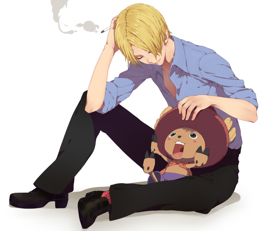 1boy antlers blonde_hair cigarette commentary_request curly_eyebrows hat highres horns male_focus nayu one_piece sanji_(one_piece) simple_background tony_tony_chopper