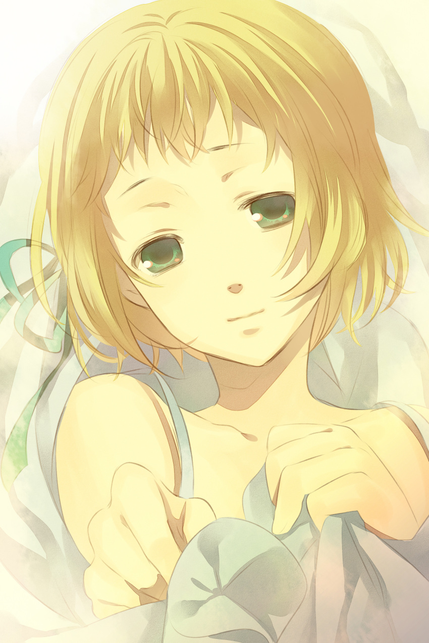 absurdres axis_powers_hetalia bad_id bad_pixiv_id blonde_hair close-up closed_mouth eto_ichika female green_eyes hands highres liechtenstein_(hetalia) photoshop_(medium) ribbon short_hair smile solo