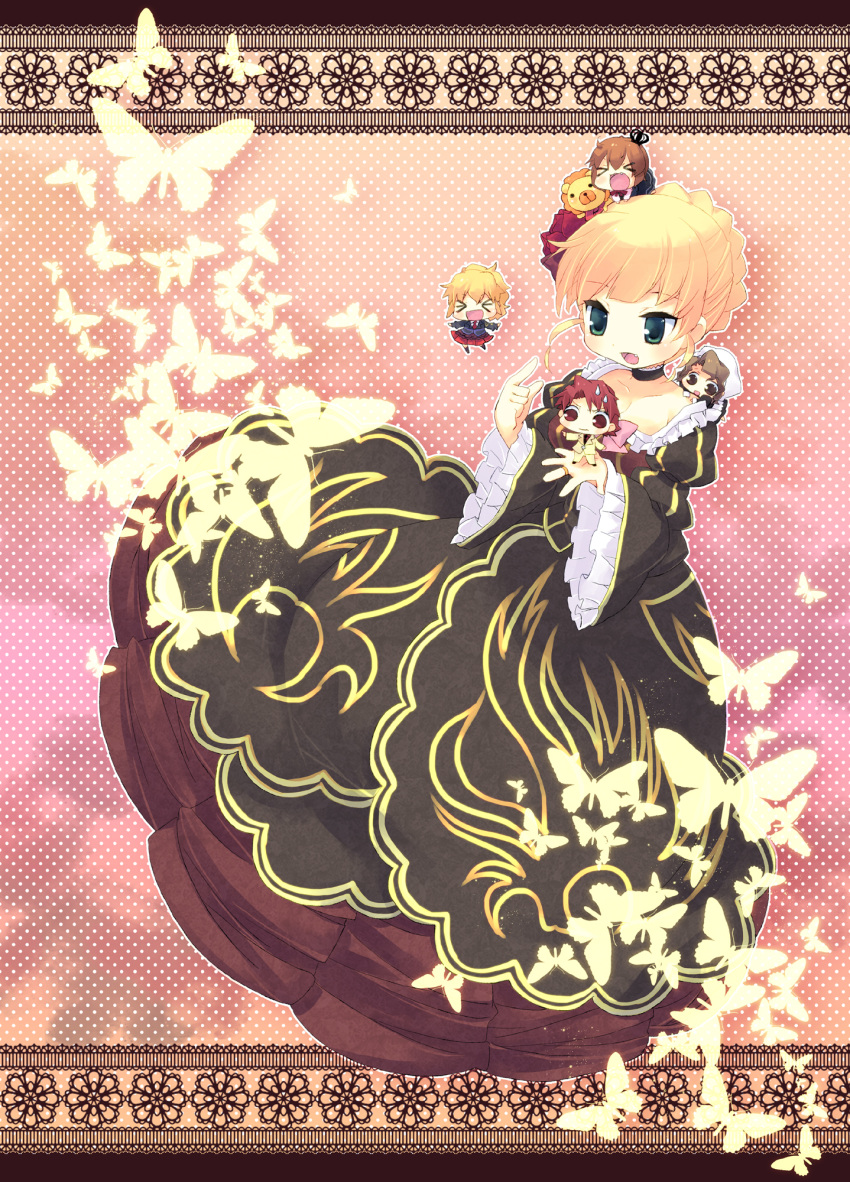 1boy 4girls beatrice_(umineko) blonde_hair brown_hair bug butterfly commentary_request crown dress frills highres multiple_girls red_hair sakutarou_(umineko) shannon_(umineko) skirt takamura_masaya umineko_no_naku_koro_ni ushiromiya_battler ushiromiya_jessica ushiromiya_maria