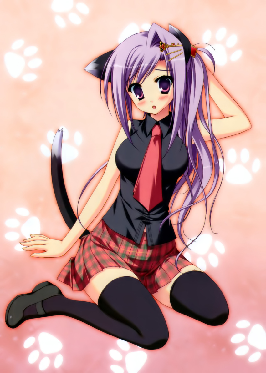 absurdres animal_ears cat_ears cat_tail female highres mary_janes necktie prism_rhythm purple_hair sesena_yau shoes solo tail thighhighs tokitou_kasumi zettai_ryouiki