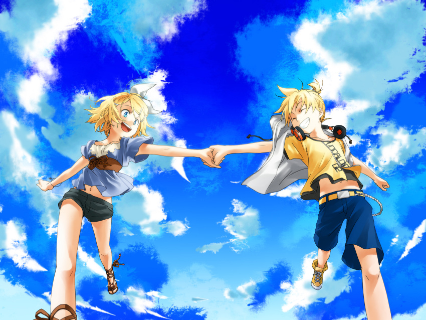 1boy aqua_eyes blonde_hair bracelet brother_and_sister casual cloud commentary_request day female grin hair_ornament hair_ribbon hairclip headphones headphones_around_neck highres holding_hands interlocked_fingers jewelry junji kagamine_len kagamine_rin navel photoshop_(medium) ribbon sandals shoes short_hair short_shorts shorts siblings sky smile sneakers twins vocaloid