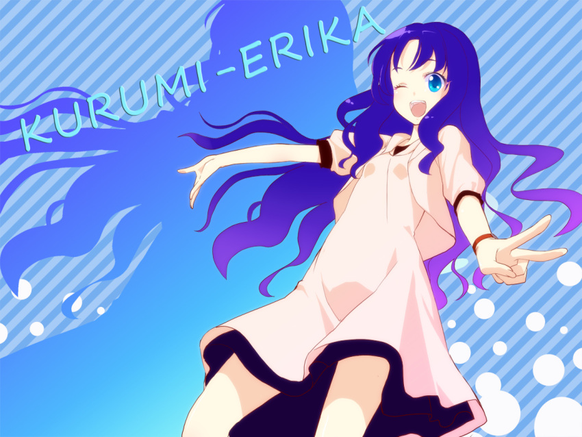 ;d blue_background blue_eyes character_name commentary_request cowboy_shot diagonal_stripes dress edo_tatsuki female foreshortening heartcatch_precure! kurumi_erika long_hair looking_at_viewer one_eye_closed open_mouth outstretched_arms photoshop_(medium) precure puffy_short_sleeves puffy_sleeves purple_hair short_sleeves smile solo striped striped_background v watch wavy_hair wristwatch