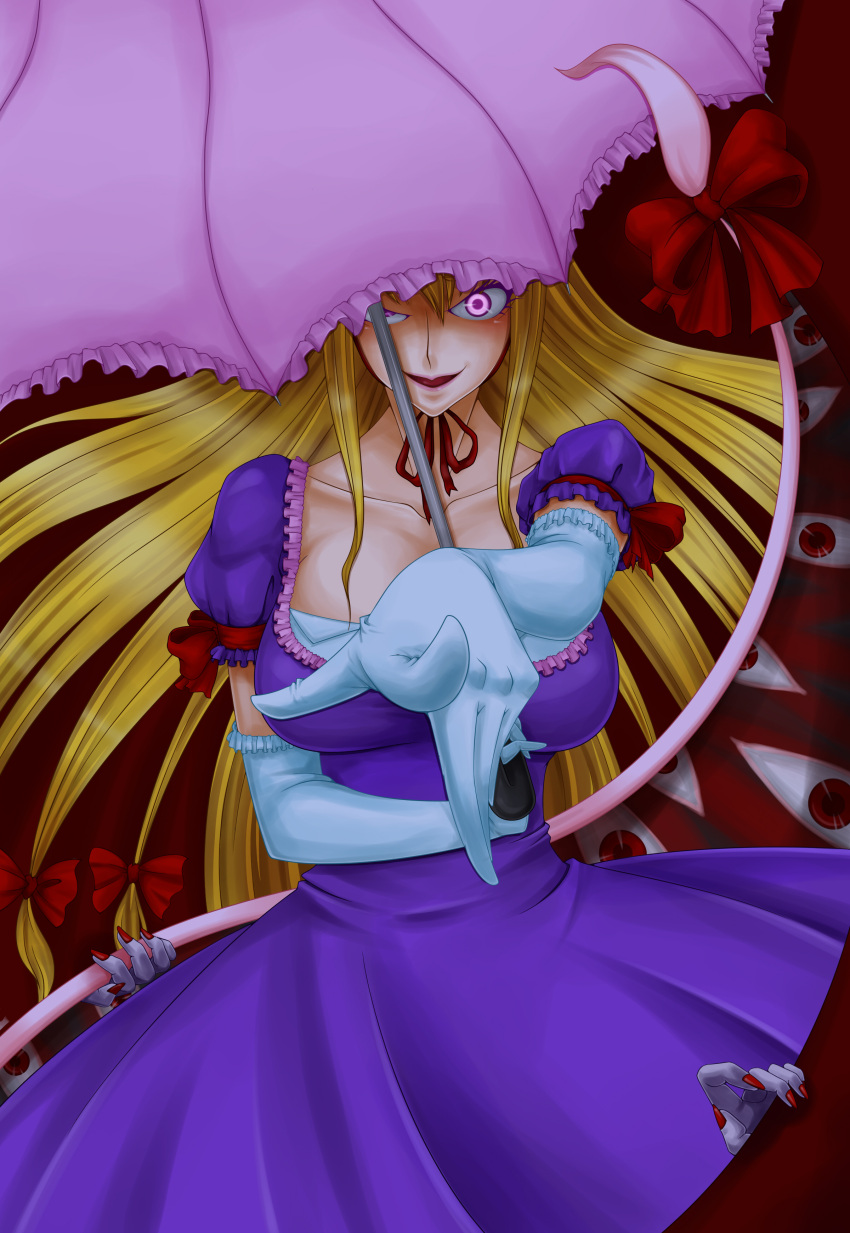 absurdres blonde_hair breasts commentary_request elbow_gloves female gap_(touhou) gloves hat highres large_breasts long_hair purple_eyes ranchuu_(akamusume) solo touhou umbrella yakumo_yukari