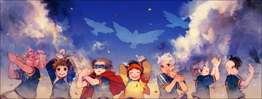 21grams 6+boys bad_id bad_pixiv_id bird brown_hair cape cloud confetti dreadlocks endou_mamoru fubuki_shirou fudou_akio goggles goggles_on_head gouenji_shuuya hand_gesture headband inazuma_eleven inazuma_eleven_(series) kidou_yuuto laughing male_focus multiple_boys photoshop_(medium) pink_hair sky tachimukai_yuuki tsunami_jousuke white_hair