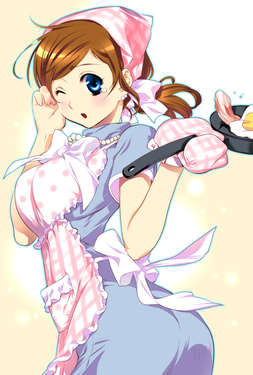 888 apron bacon blue_dress blue_eyes breasts brown_hair copyright_request dress earrings egg female food frying_pan head_scarf highres jewelry large_breasts necklace oven_mitts pearl_necklace ponytail solo tears