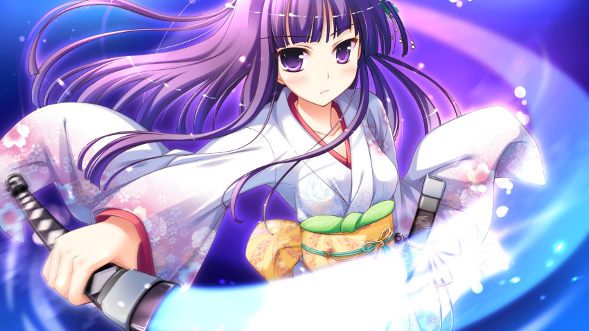 female furisode highres iro_ni_ide_ni_keri_waga_koi_wa japanese_clothes kimono ko~cha purple_eyes purple_hair solo sword tenjou_kikyou weapon white_kimono