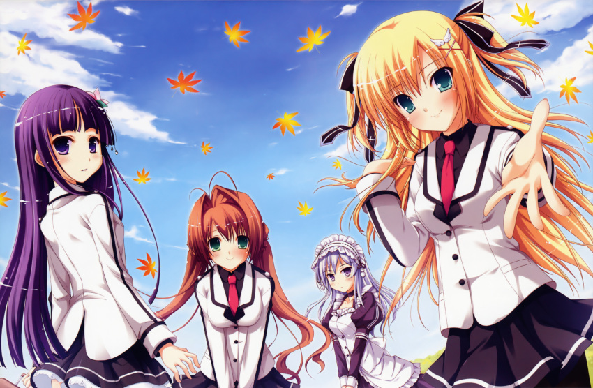 4girls absurdres antenna_hair black_legwear blonde_hair blush brown_hair duplicate green_eyes hair_ribbon highres image_sample iro_ni_ide_ni_keri_waga_koi_wa ko~cha leaf long_hair maid maid_headdress misono_misono multiple_girls narumi_yuu_(bunbukudou) necktie pantyhose purple_eyes purple_hair ribbon school_uniform smile suzueda_komachi tenjou_kikyou tenjou_rio twintails yandere_sample