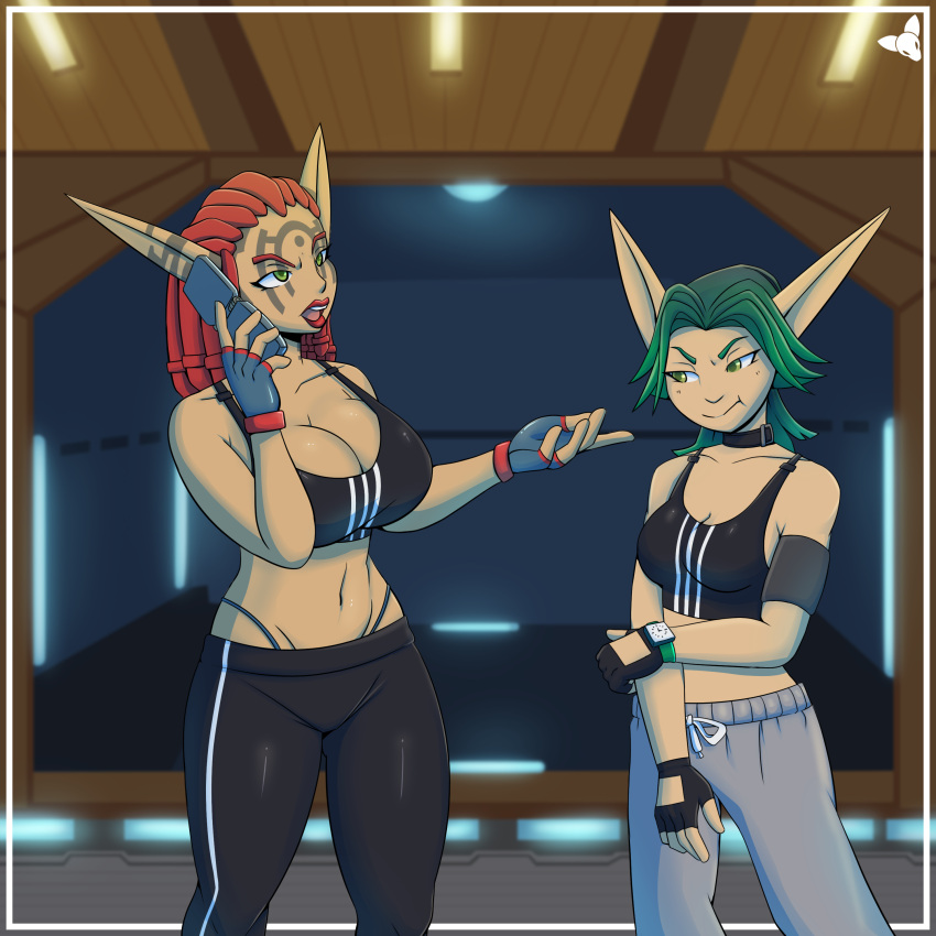 2023 2girls ashelin_praxis big_breasts braided_hair breast_envy breasts choker cleavage cornrows danscarf elf_ears face_tattoo female female_only fingerless_gloves fit_female green_eyes green_hair gym_clothes gym_uniform jak_and_daxter keira_hagai looking_at_breasts medium_breasts medium_support_(meme) midriff navel phone pointy_ears red_hair red_lips red_lipstick tank_top tattoo tattoos thong thong_above_pants thong_straps tight_clothing toned toned_female watch wristwatch