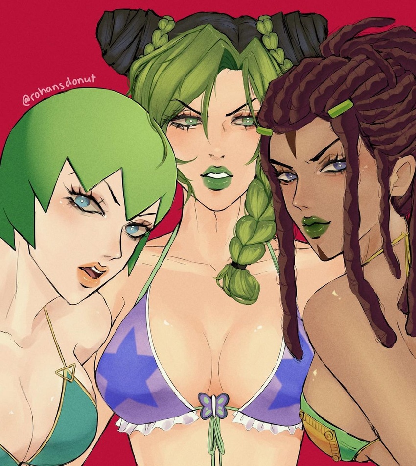 3girls bikini bikini_top blue_eyes breasts dark-skinned_female dark_skin ermes_costello female female_only foo_fighters fully_clothed green_hair green_lipstick jojo's_bizarre_adventure jolyne_kujo stone_ocean swimsuit