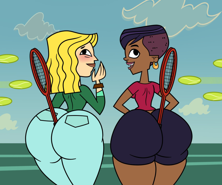 2girls ass back_view between_ass big_ass big_butt blonde_hair blush blushing carrie_(tdi) cartoon_network clothed clothing dark-skinned_female elinor_the_witch ellissummer fat_ass fully_clothed holding_object_between_buttocks hornyhobbit huge_ass huge_butt jeans large_ass large_butt light-skinned_female looking_at_viewer looking_back looking_back_at_viewer mother-of-trolls short_hair shorts stephanie_(tdi) tennis_ball tennis_court tennis_racket the_ridonculous_race thick_ass thick_thighs total_drama_island wide_hips