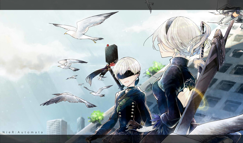 1boy 2b_(nier:automata) 9s_(nier:automata) backless_dress backless_outfit bird blindfold blue_sky breasts building choker cloud commentary_request copyright_name covered_eyes day dress feather-trimmed_sleeves female gloves hair_between_eyes hami_(lvct) juliet_sleeves katana long_sleeves medium_breasts mole mole_under_mouth nier:automata nier_(series) open_mouth outdoors pod_(nier:automata) puffy_sleeves short_hair sky smile sword tree weapon white_hair